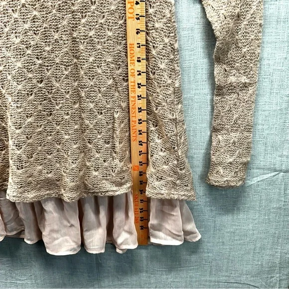 NITT By Flying Tomato Boho Crochet Lace Cowl Neck Tunic Sweater Lined Tan Large - Picture 9 of 11